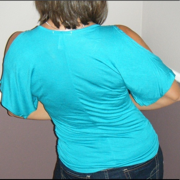 Cold Shoulder Cutout Dolman Drape Top Teal Green - Picture 3 of 3